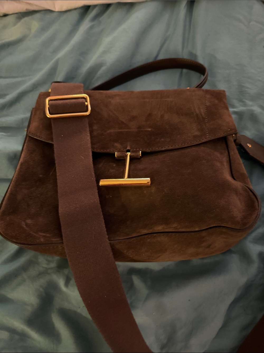 Tom Ford Brown Suede Crossbody Bag with Gold Hardware